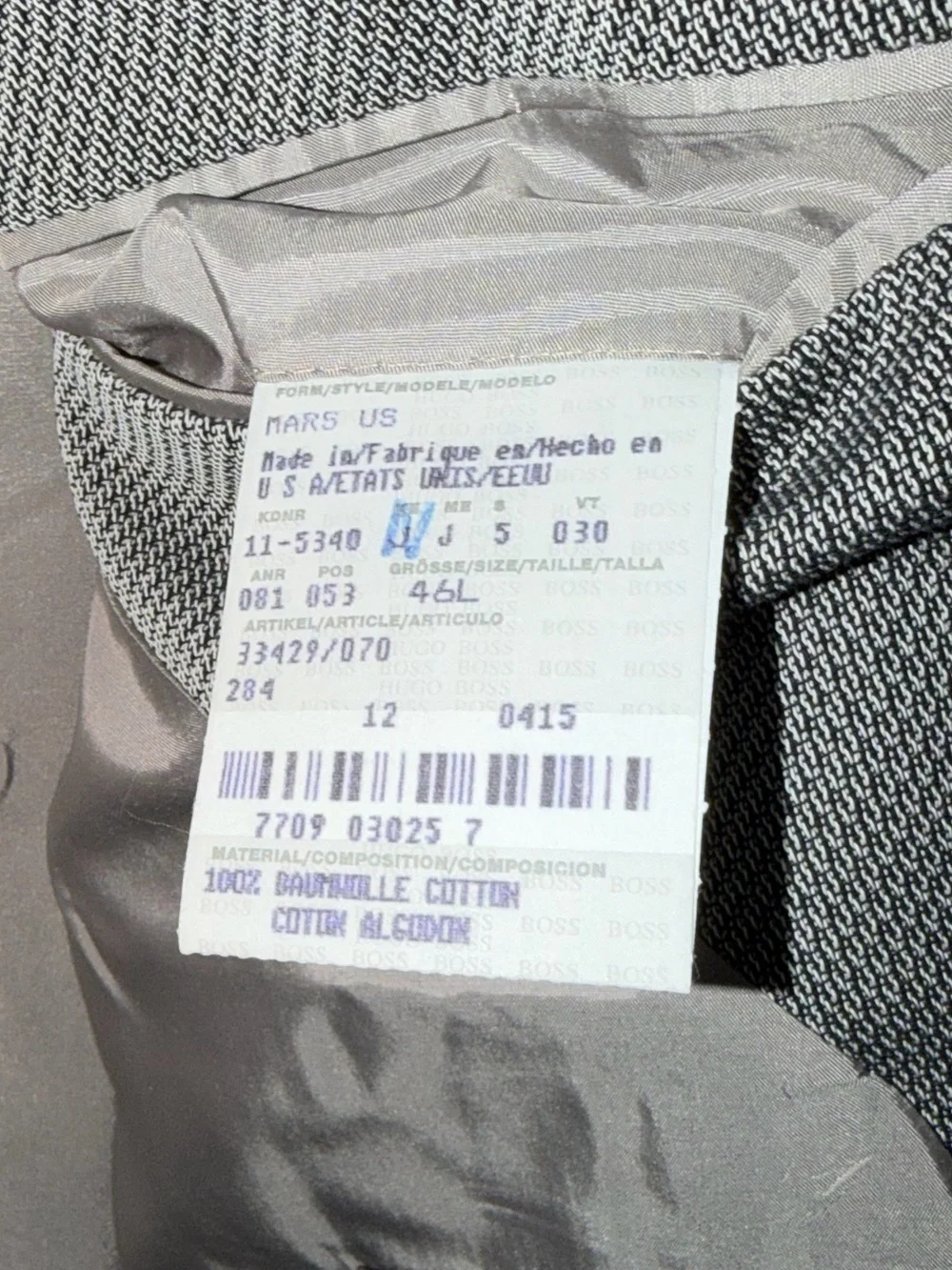 100% Cotton Hugo Boss Men's Charcoal Micro-Pattern Sport Coat